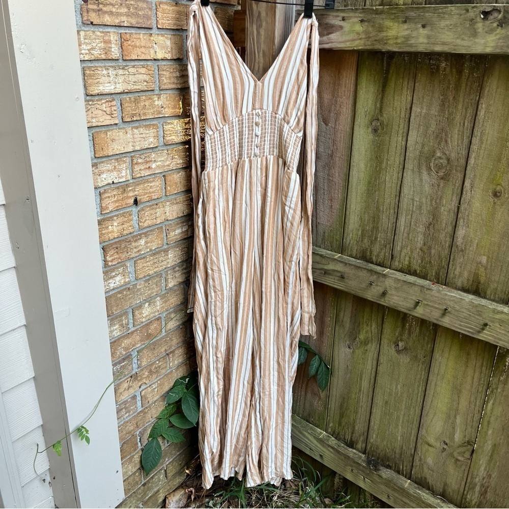 American Eagle Outfitters Striped Halter Tie Jumpsuit in Tan and White